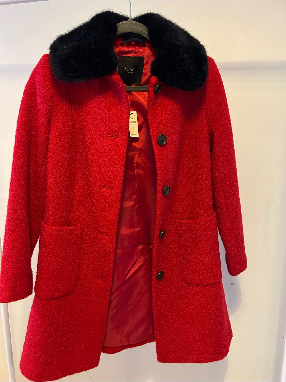 Talbots Red Pea Coat with Black Faux-Fur Collar